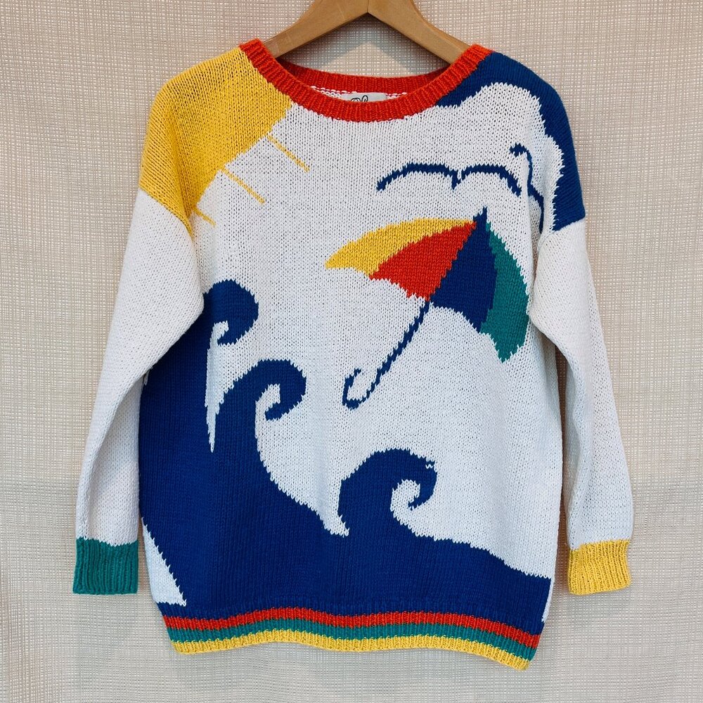 Vintage 80s 90s Novelty Sweater Handknit Beach Scene Vintage Coastal Summer